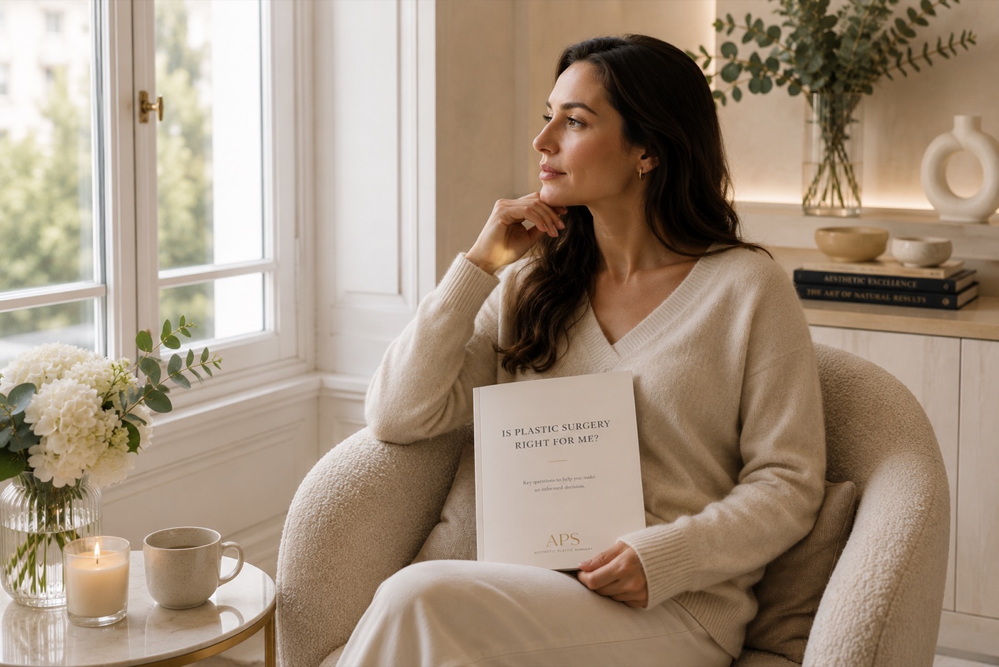 Woman relaxing in an armchair holding an APS patient guide