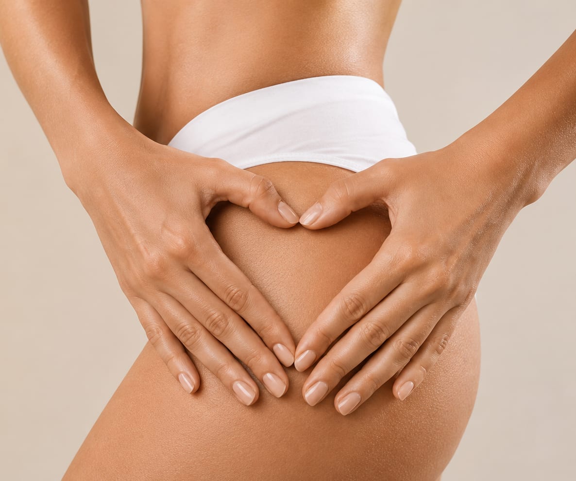 Woman making a heart shape with her hands on her stomach