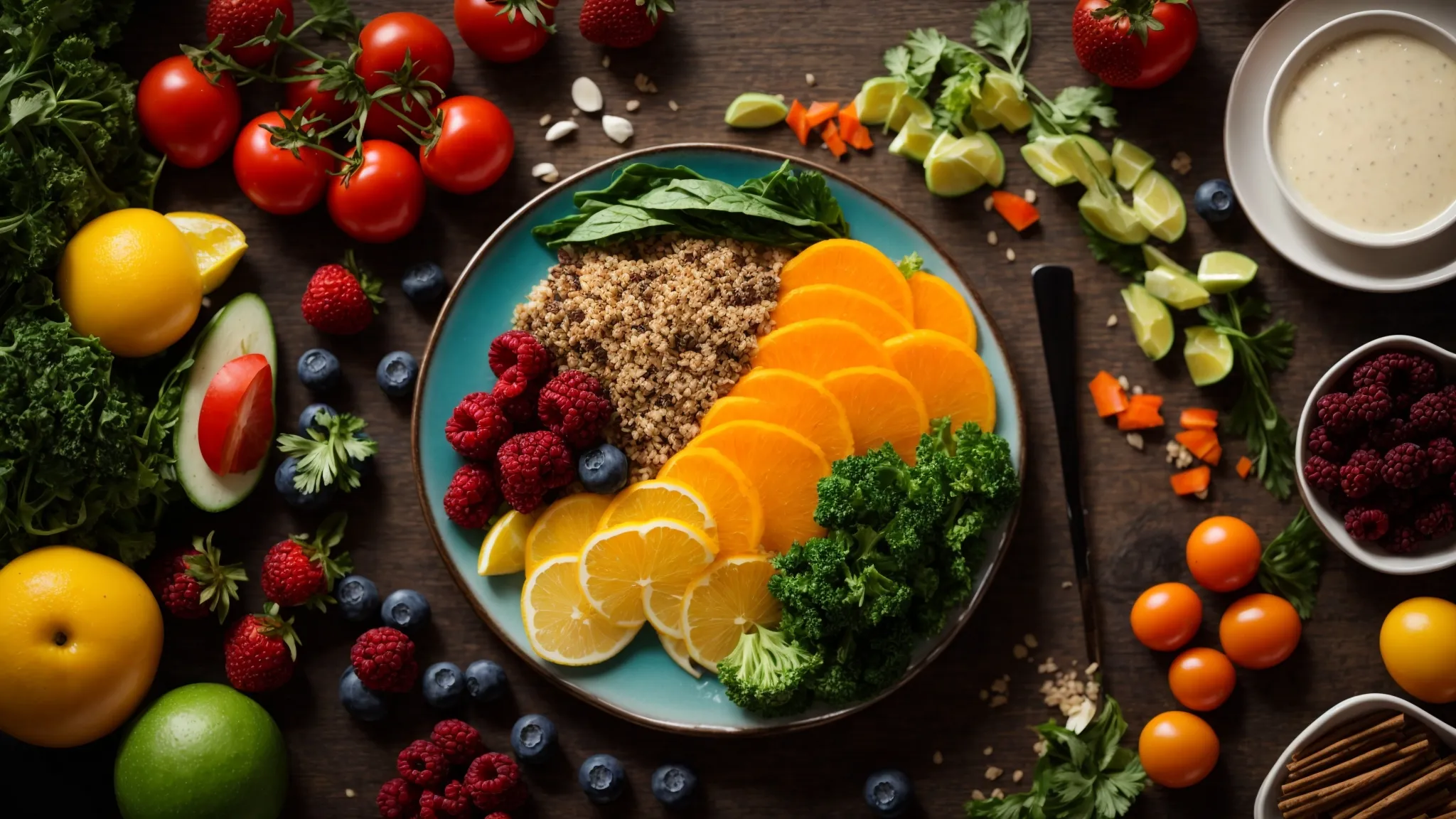 a colorful plate filled with nutrient-dense foods, anti-inflammatory ingredients, and plenty of hydration, promoting natural breast size reduction through diet changes.