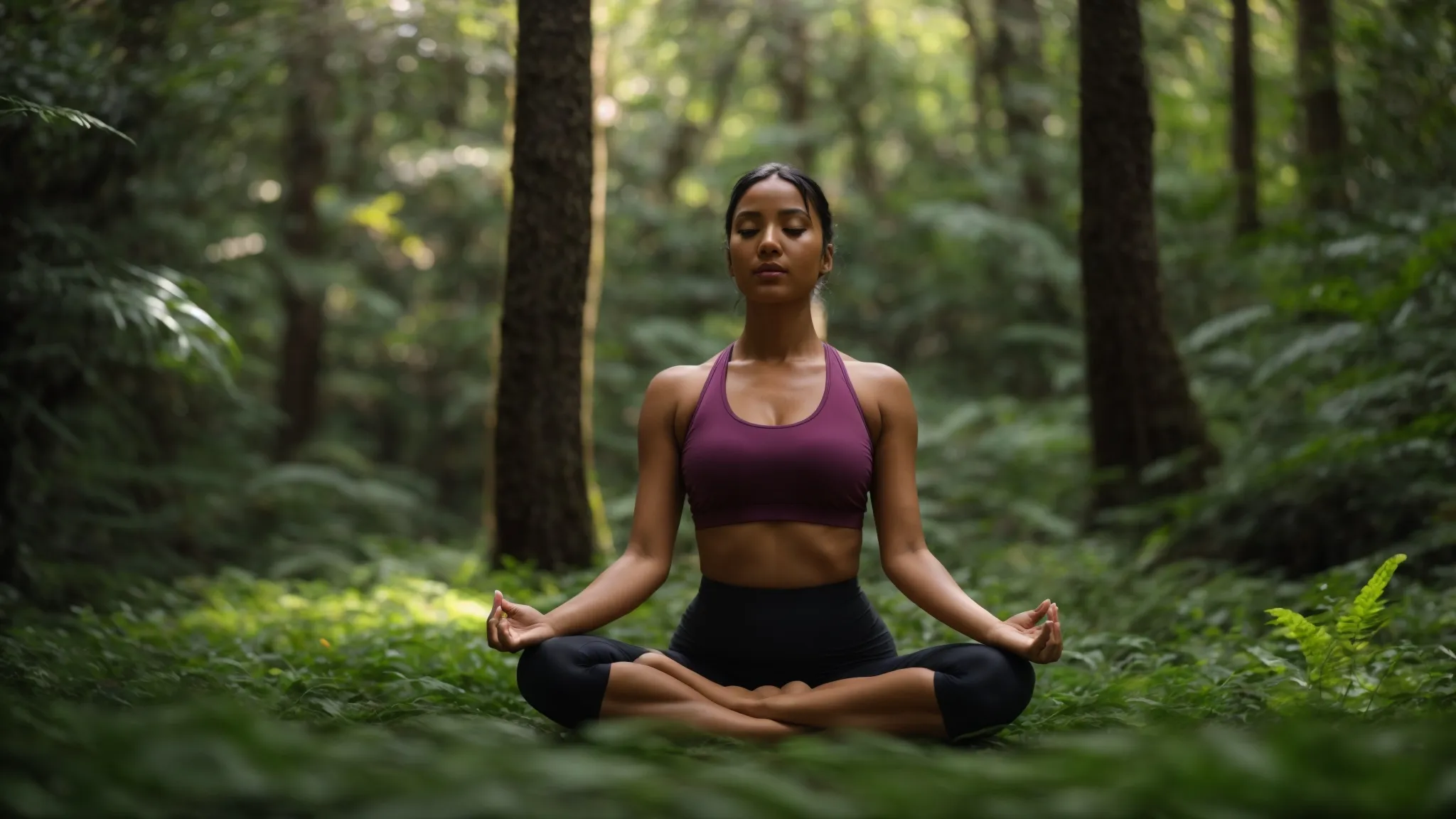 a serene woman practicing yoga in a lush, green forest, promoting natural ways to reduce breast size.