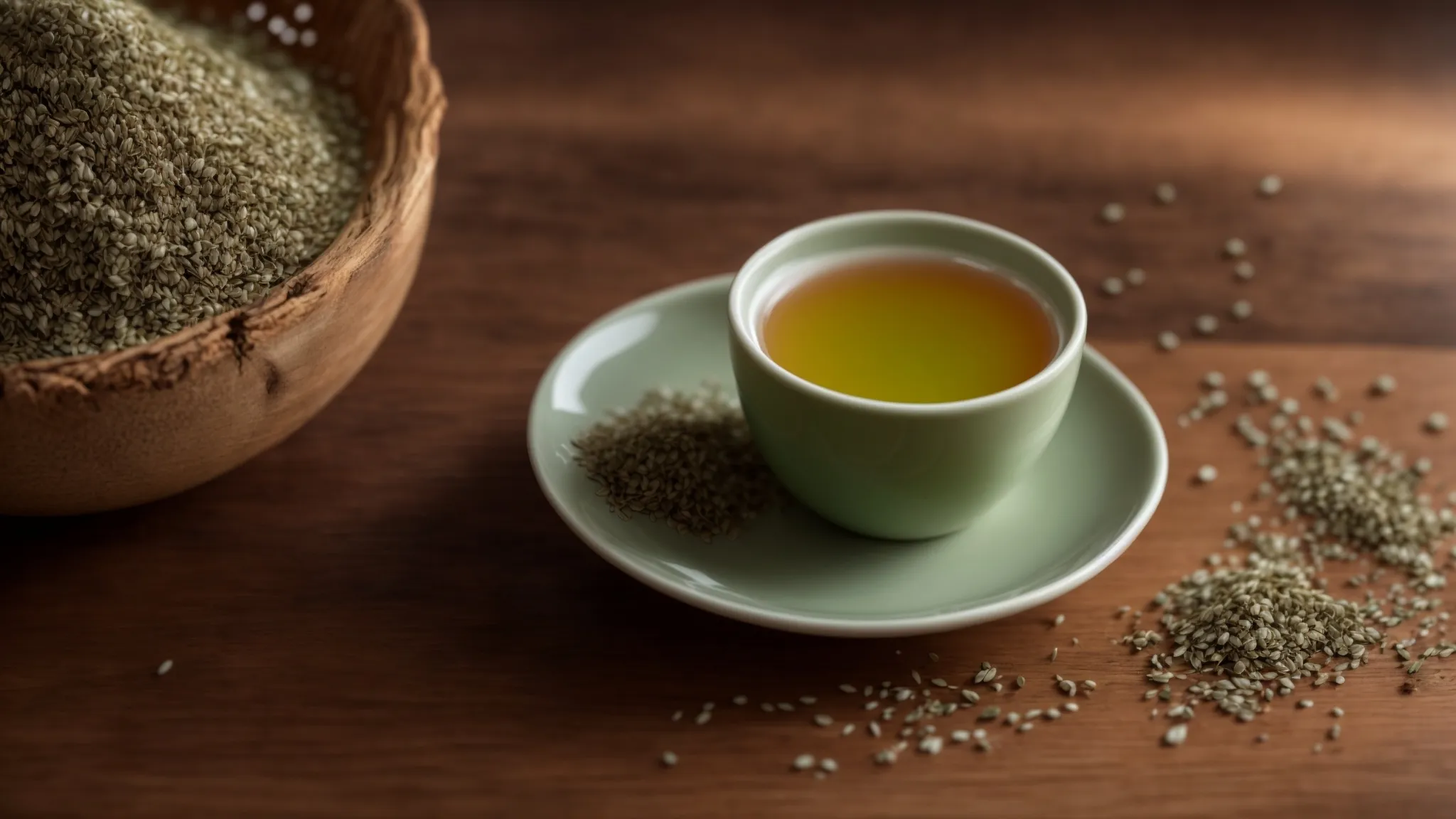 a serene and natural scene with a cup of green tea and a sprinkling of flaxseed on a wooden table, symbolising herbal remedies and supplements for breast reduction.