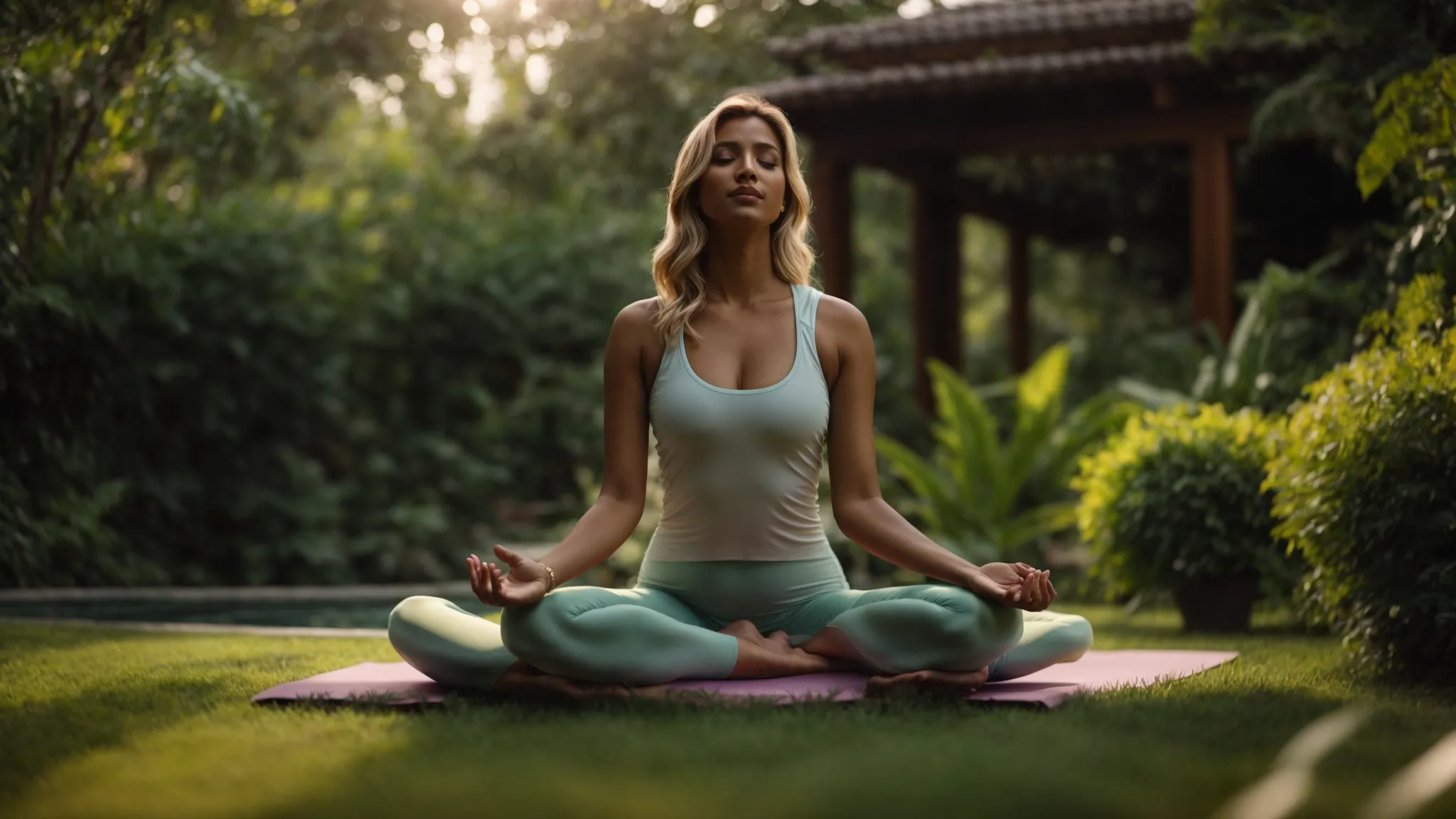 a serene woman practicing yoga in a peaceful garden surrounded by lush greenery, embodying natural ways to reduce breast size.