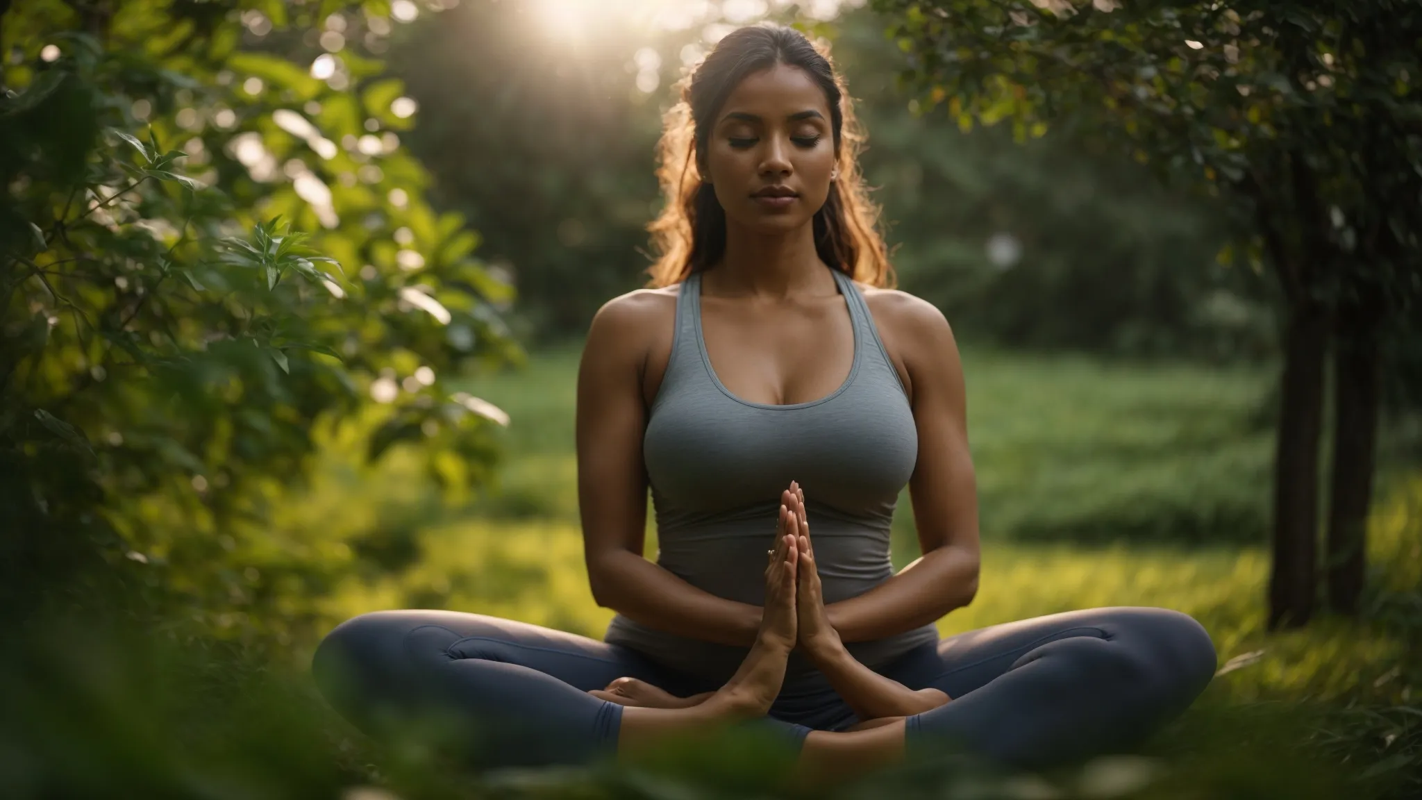 a woman in a yoga pose, elegantly stretching her chest muscles, surrounded by calming greenery, embodying the effective exercises for breast size reduction.