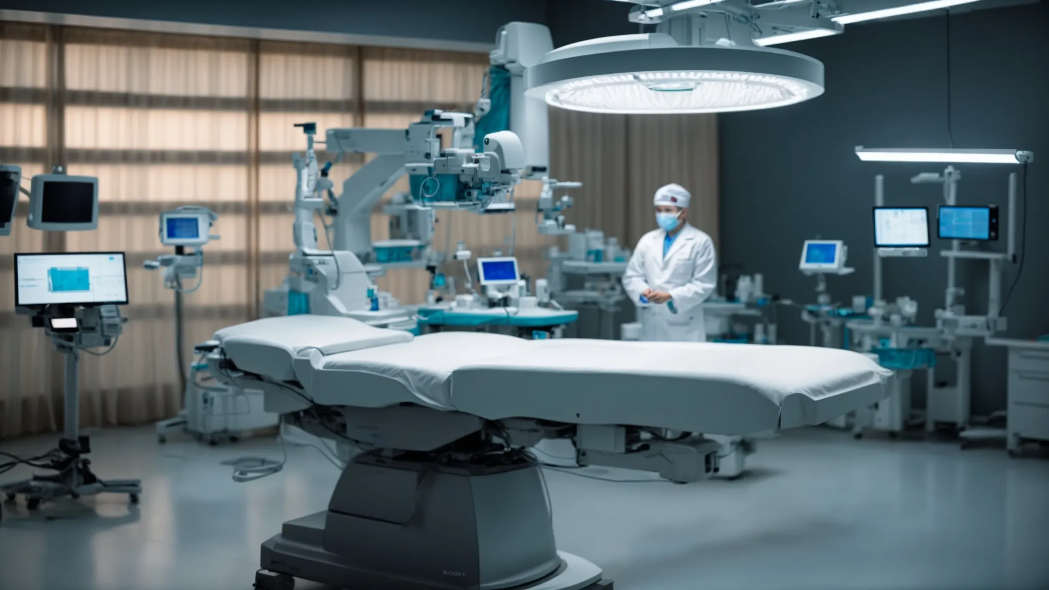 a sleek, modern operating room filled with state-of-the-art surgical equipment and a team of skilled medical professionals preparing for cosmetic body surgery.