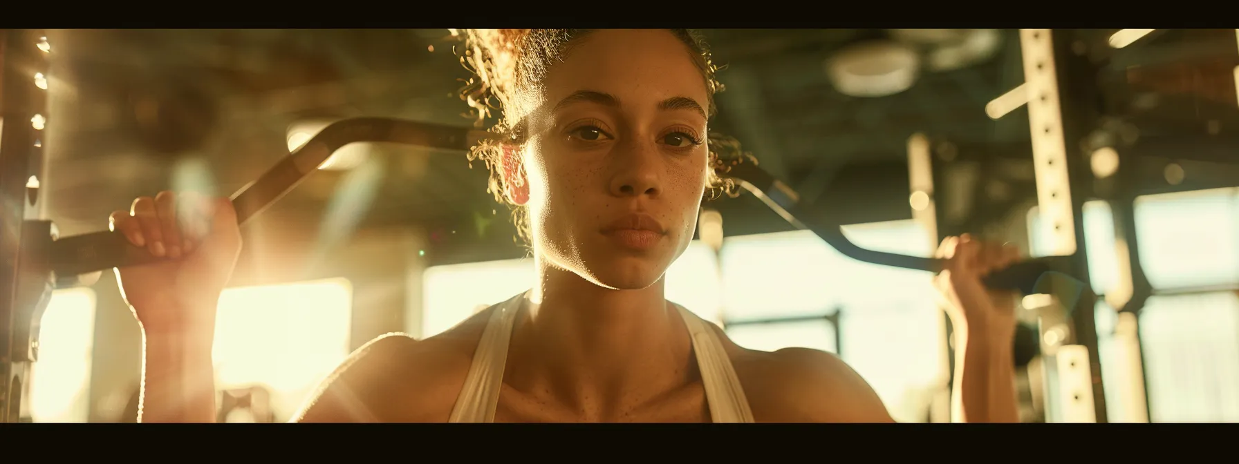 a woman performing chest-focused strength training exercises with determination and focus in a well-lit gym setting.