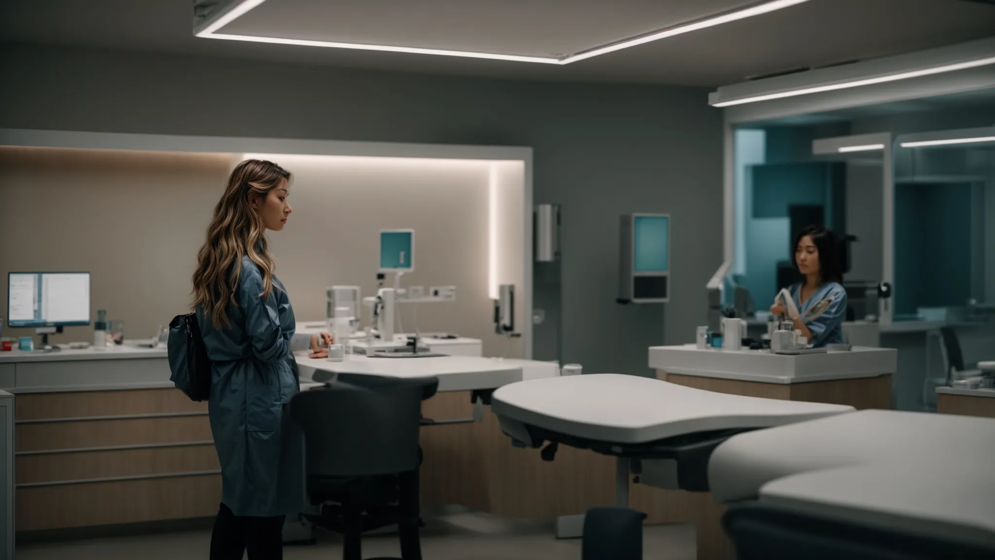 a woman carefully reviewing surgical options and preparing for breast reduction surgery in a modern, well-equipped consultation room.