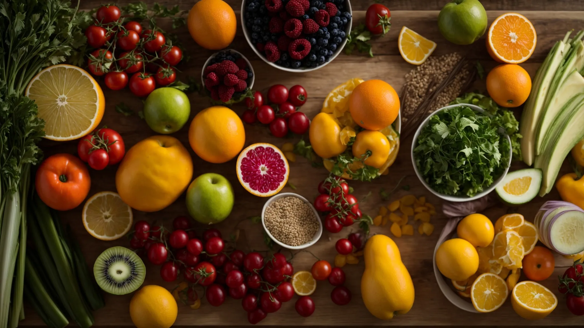 a colourful array of fresh fruits and vegetables displayed on a kitchen table, showcasing the nutritious foods essential for a healthy diet to aid in natural breast reduction.