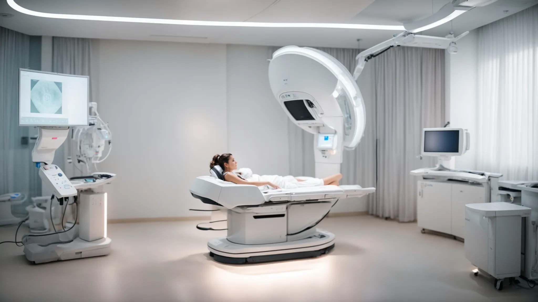 a woman undergoing a tomosynthesis scan for breast reduction treatment, surrounded by advanced medical equipment in a modern clinic.